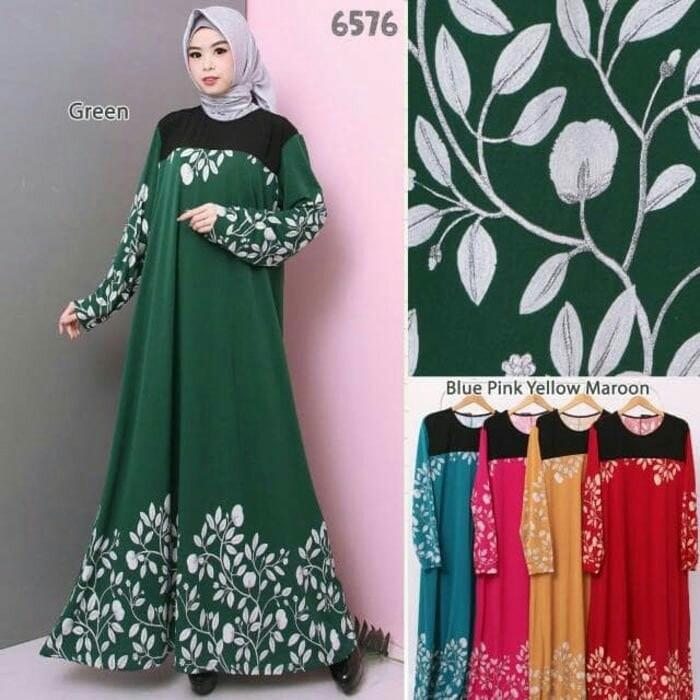 Baju Muslim Wanita Jumbo Motif Daun - Jersey Korea