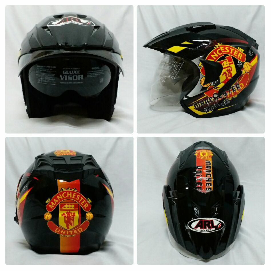 Helm ARL Club Bola Half Face Double Visor Manchester United Hitam.