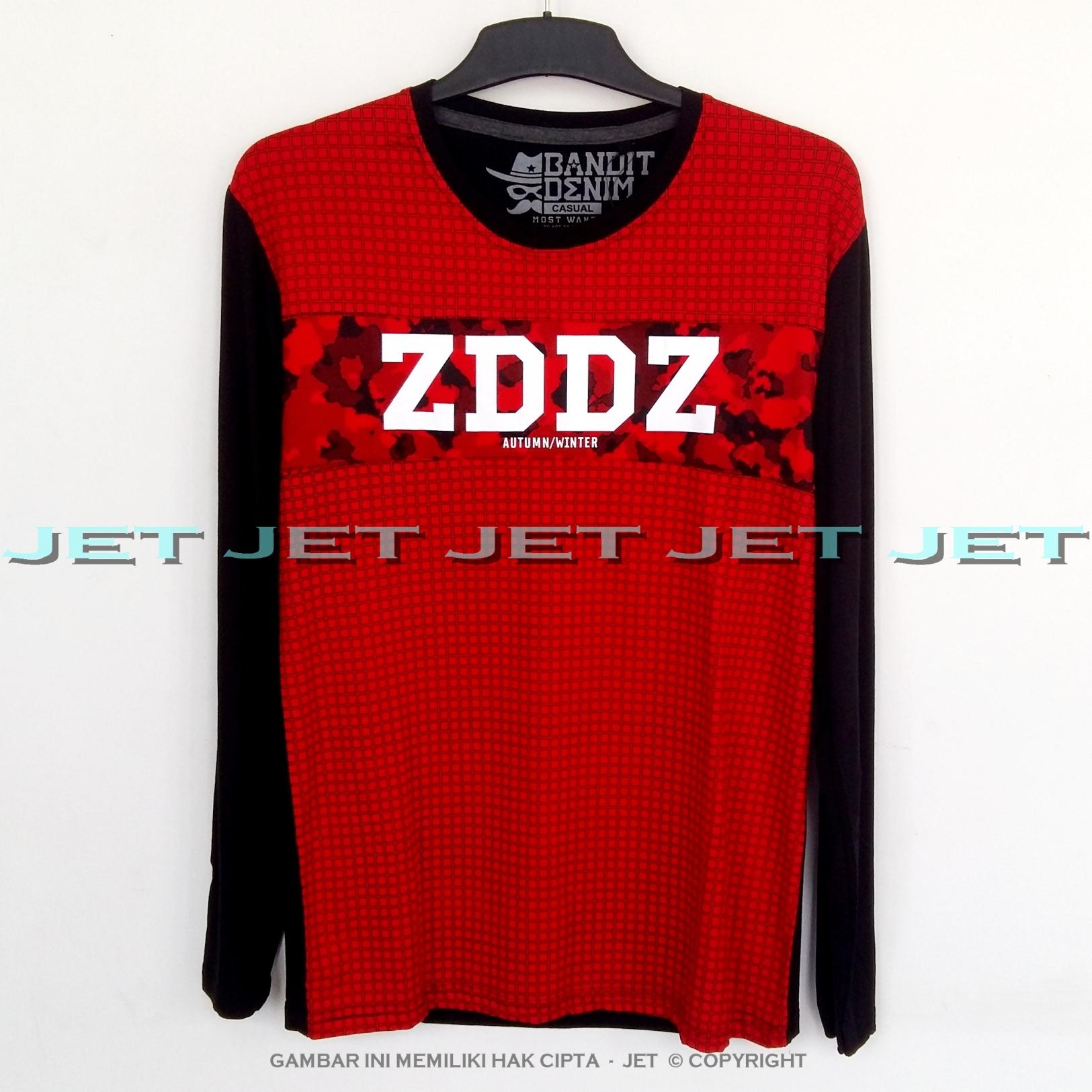 JET - Kaos Distro ZDDX MERAH Lengan Panjang Soft Rayon Viscose Blended Lycra Size M Fit To L Pria / Wanita Garis Salur Motif Visual Art