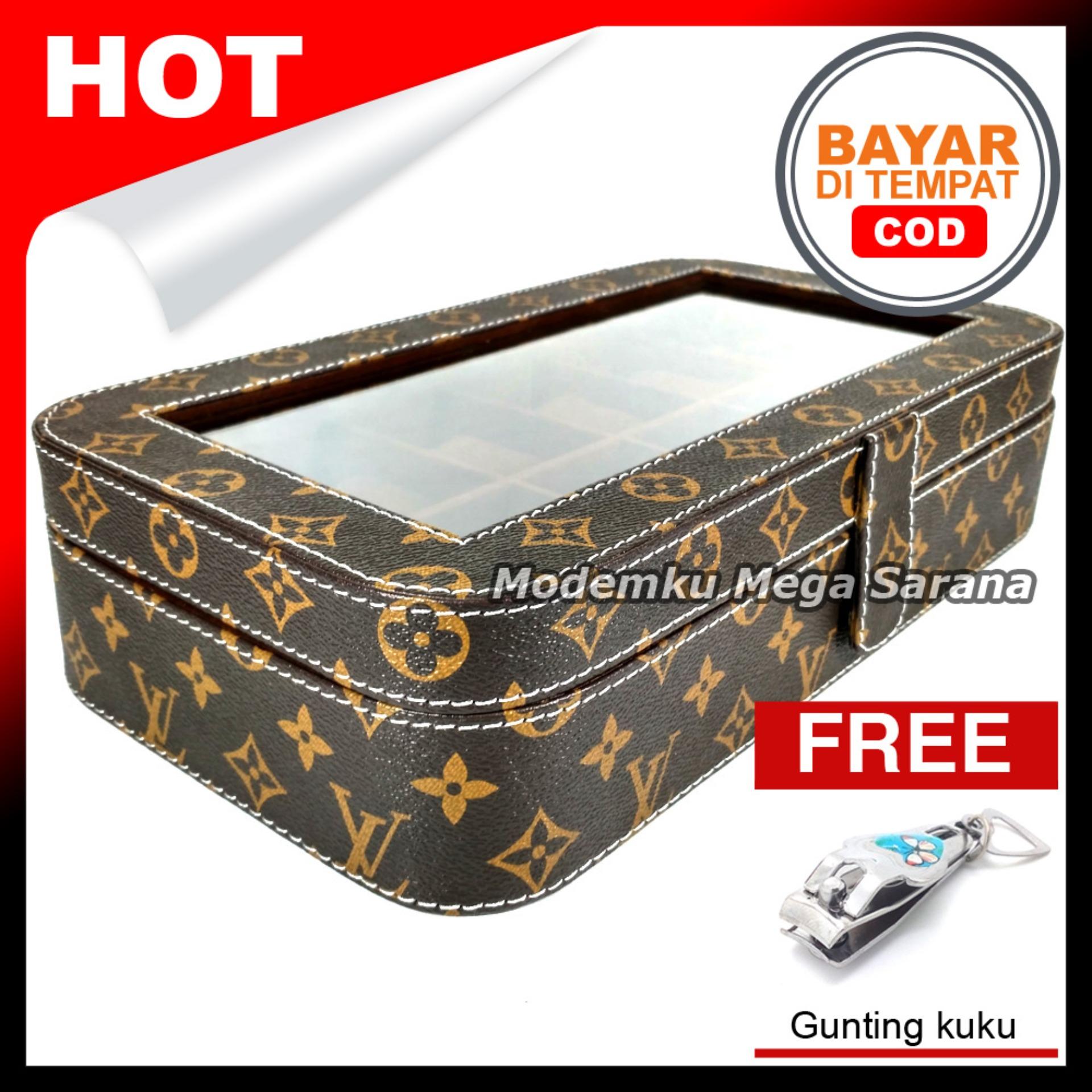 Kerajinan Jogja Kotak Jam Tangan Isi 12 Oval Tempat Box Jam Tangan - Coklat Motif + Gratis Gunting Kuku