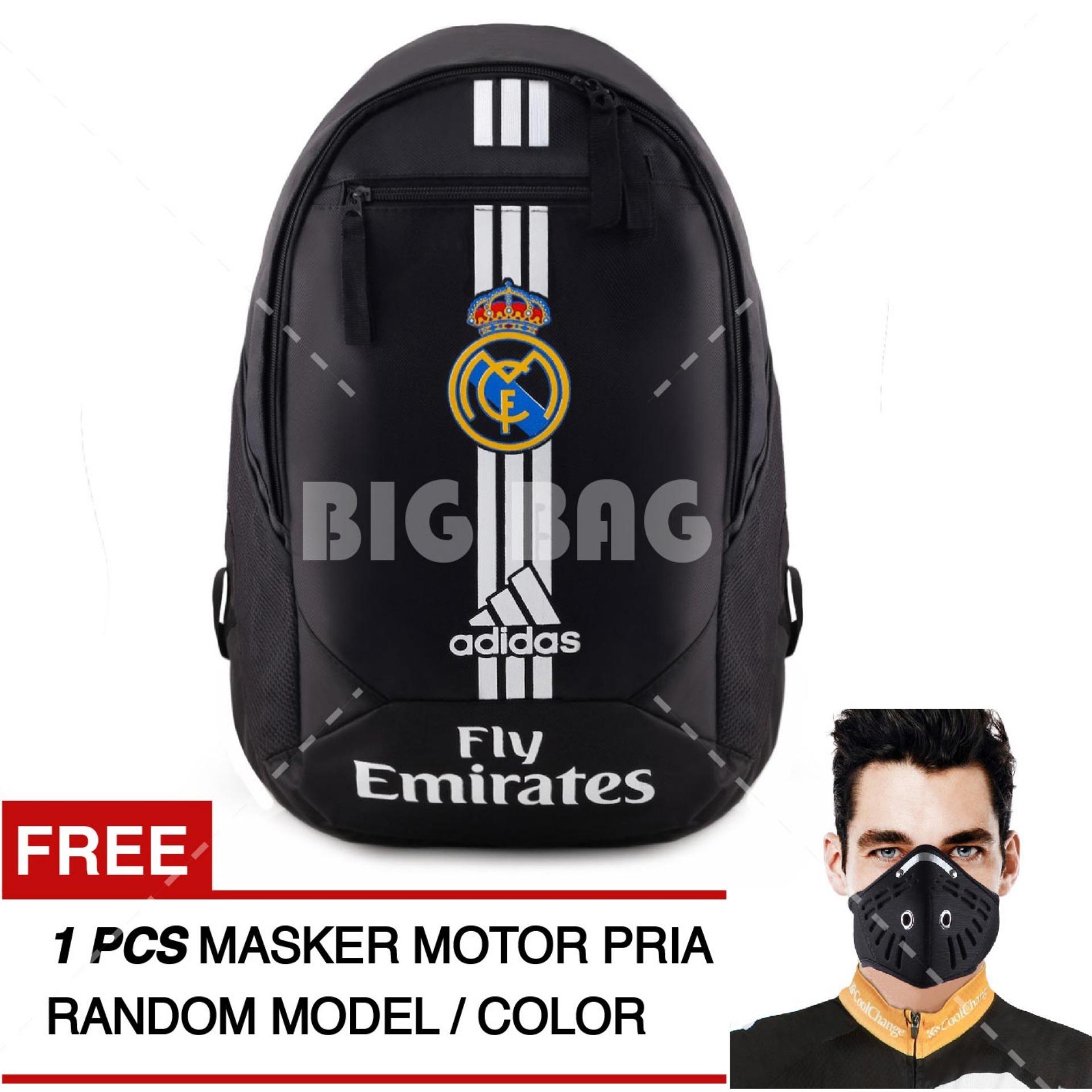 Tas Ransel Adidas Bola Pria Real Madrid C.F Laptop Backpack Men Soccer Editions - Black + Raincover + FREE Masker Motor Pria