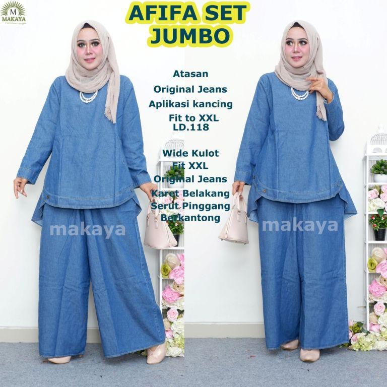 afifa set ori makaya setelan blouse kulot jumbo polos jeanswash original premium simple basic