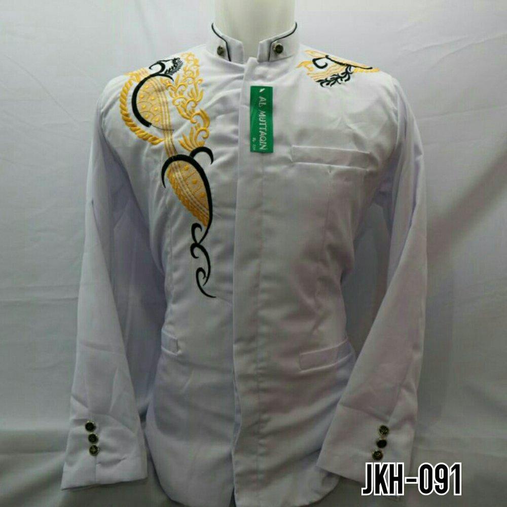 Busana Muslim Pria Gamis Muslim Baju Koko Seragaman Jasko Jas Koko Putih Bordir Emas Kerah Double Furing Busa JKH 091 di lapak Al Muttaqin Collection produsenbajukoko