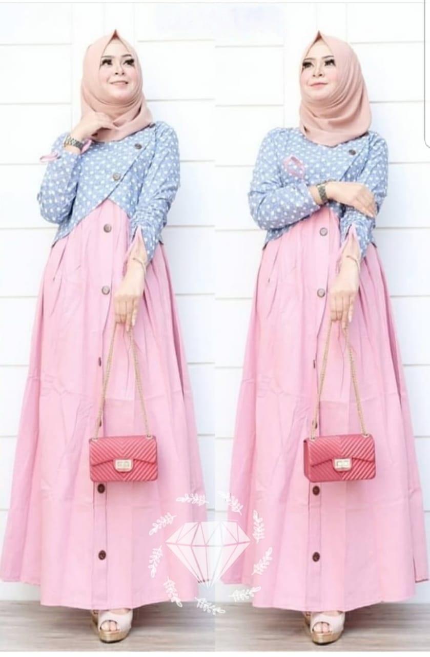 Newone Shop Polka Cempa - Gamis Syari Wanita Terbaru - Maxi Dress Muslim Wanita - Fashion Muslim Perempuan - Alx