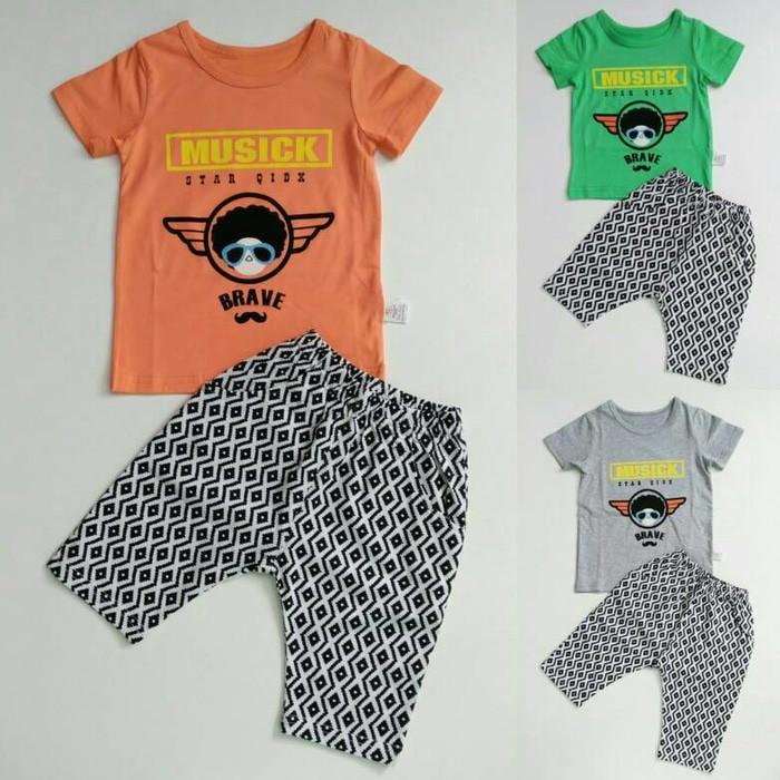 Dijual Baju Setelan Anak Laki Cowok Import Music Brave Celana Motif Zigzag Limited