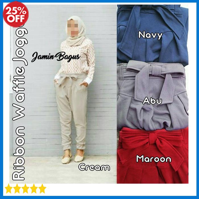 Diskon Celana Jogger Wanita Muslim Super Murah RIBBON WAFFLE JOGGER Tunik Bahan Wafel Ukuran Allsize