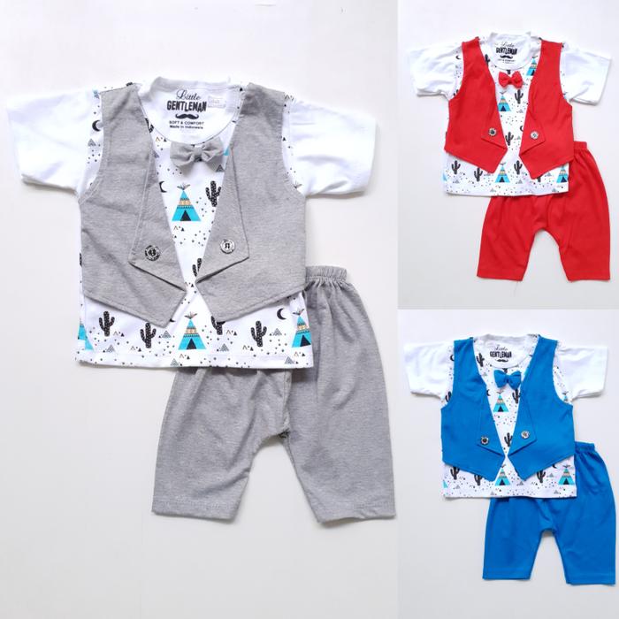 Baju Setelan Pesta Anak Bayi Laki Cowok Kaos Kaktus Rompi Dasi Kupu