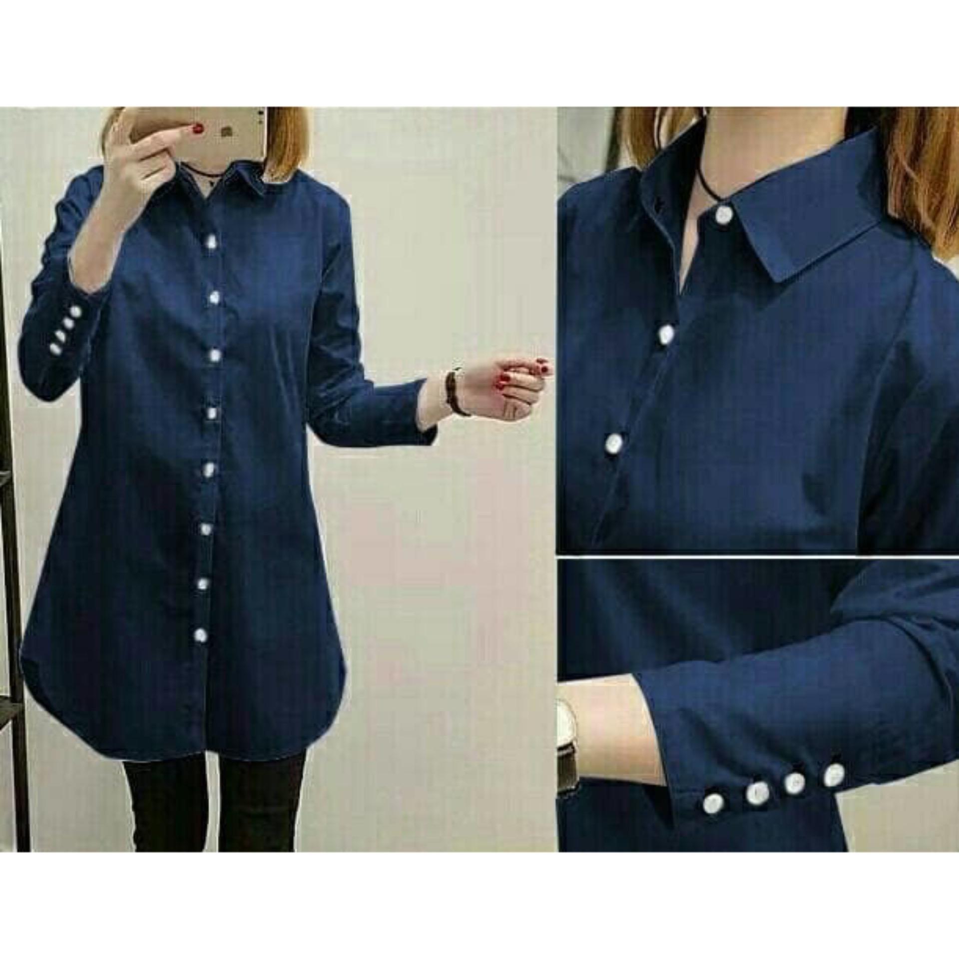 GA Fashion Kemeja Aqua Tunik Navy Baju Wanita / Blouse Korea / Atasan Wanita / Baju Formal / Kemeja Wanita / Kemeja Formal / Atasan Muslim / Kemeja Cewek Tunik / Blouse Sabrina / Dress Muslim / Dress Cantik