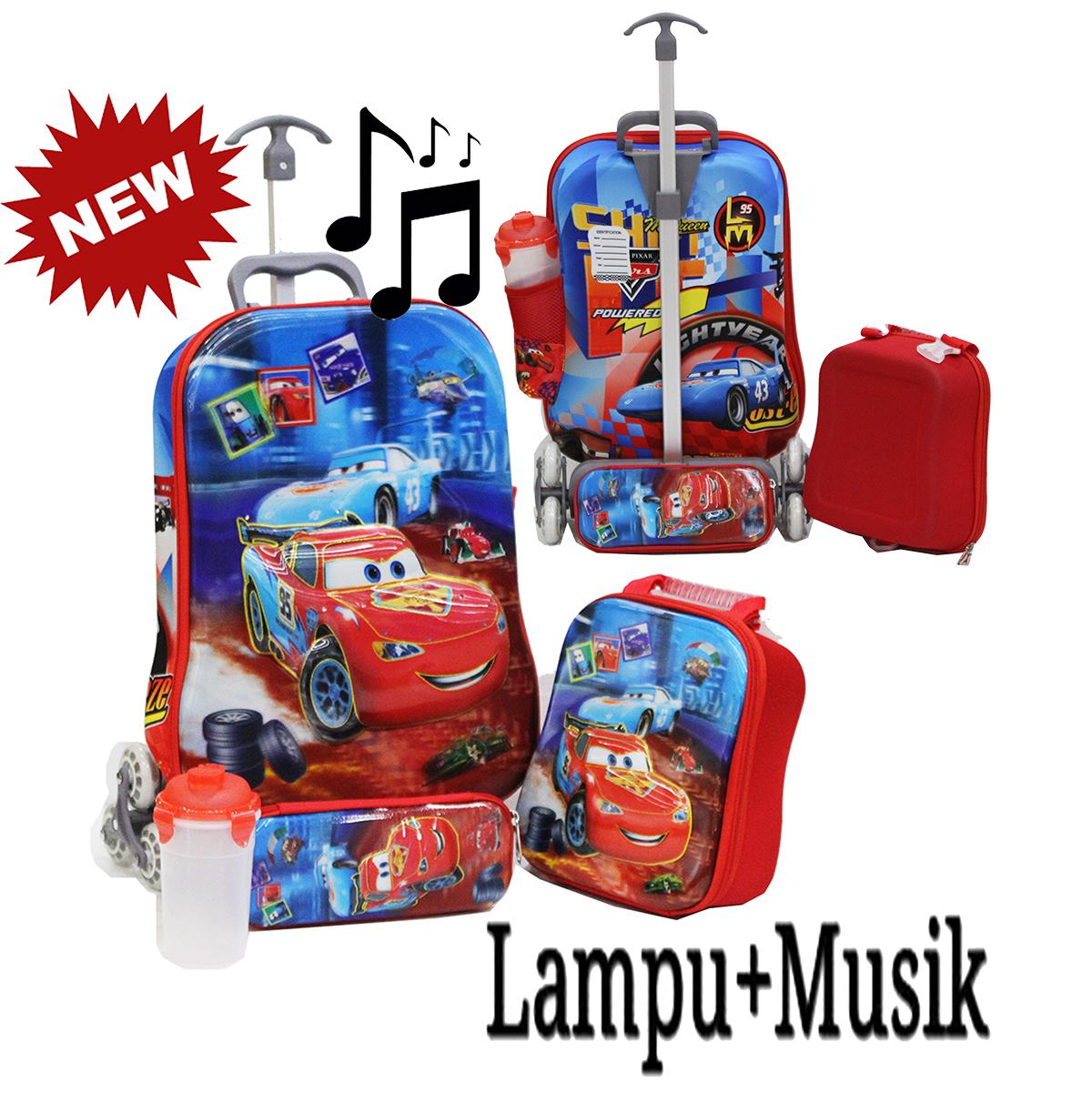 Onlan KOPER SET 6 Roda Tas 4in1 Anak Sekolah SD Motif Karakter CARS MCQUEEN 5D Hologram ada LAMPU DAN MUSIC Import ( KODE MM )
