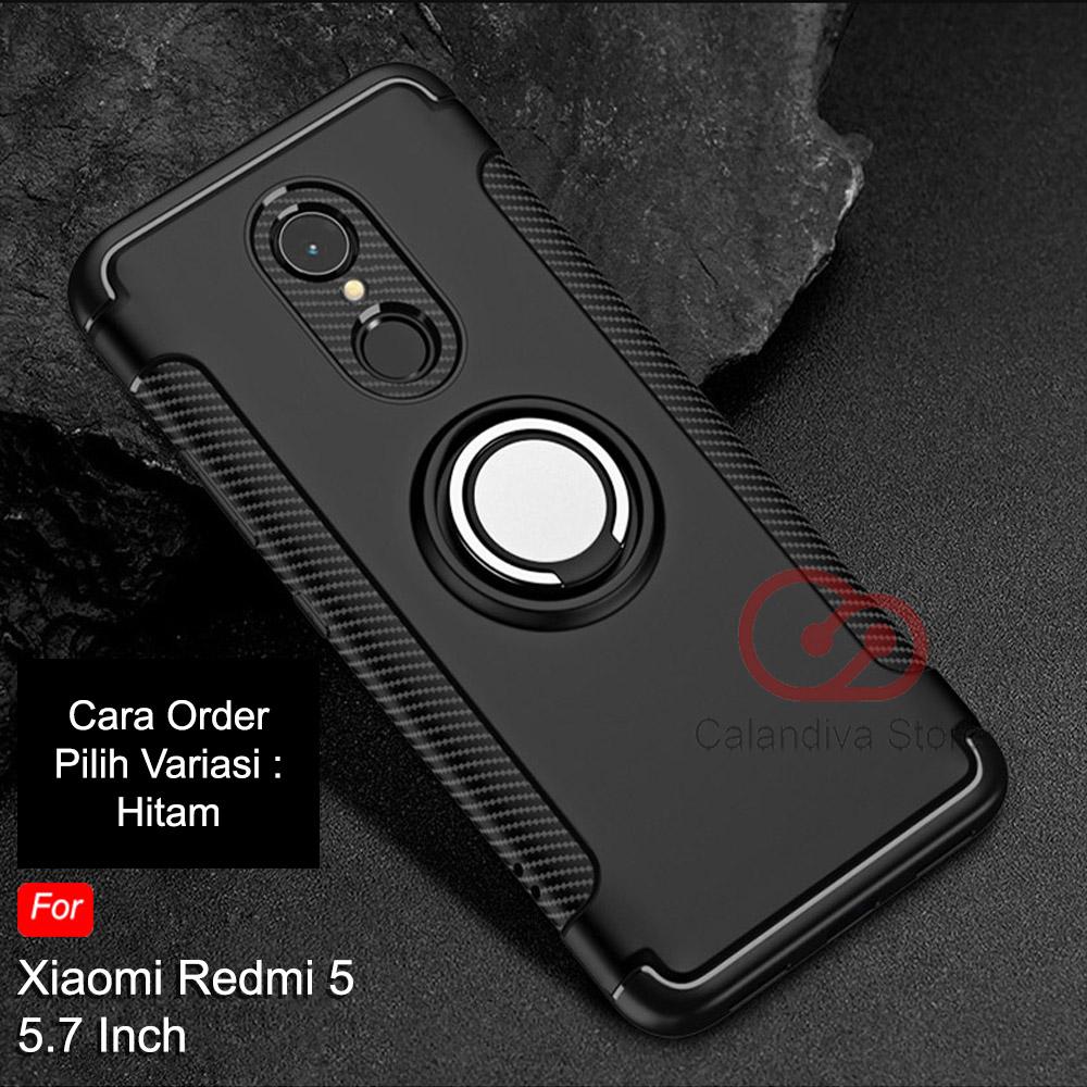 Calandiva Case Xiaomi Redmi 5 ( 5.7 Inch ) Casing Ring Carbon Kickstand Hybrid Premium Quality Grade A