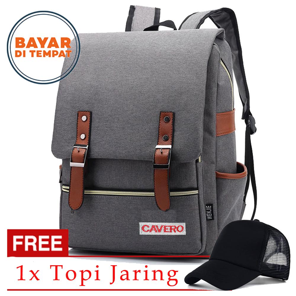 Free Topi Jaring | Cavero Vintag Tas Pria Tas Wanita TJ-2018 Tas Ransel Pria Tas Ransel Wanita Tas Korea Tas Ransel Korea Tas Laptop Tas Punggung Tas Wanita Korea Tas Ransel Pria Korea - Grey + Free Topi Jaring