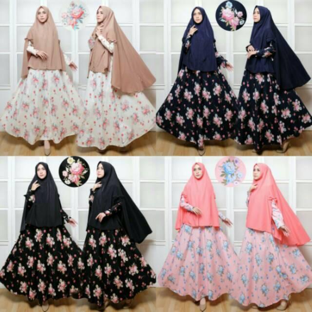 Setelan gamis katun jepang ori motif bunga mawar gamis set khimar murah wolfis syari busui jumbo peach