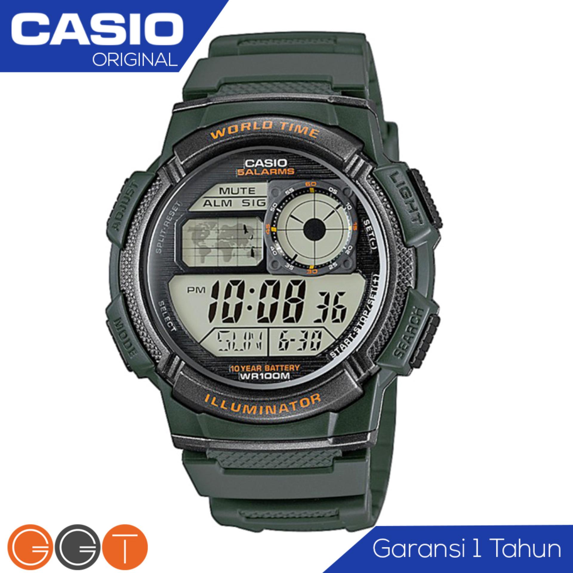 CASIO Army Illuminator AE-1000W-3AVDF - Jam Tangan Pria - Tali Karet - Digital Movement - Hijau