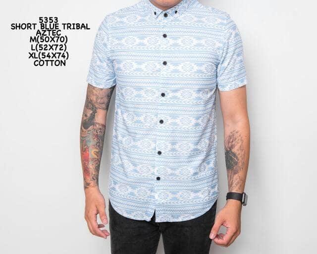 Kemeja Pendek Polosan Blue Tribal Batik Katun Grosir Harga Distributor