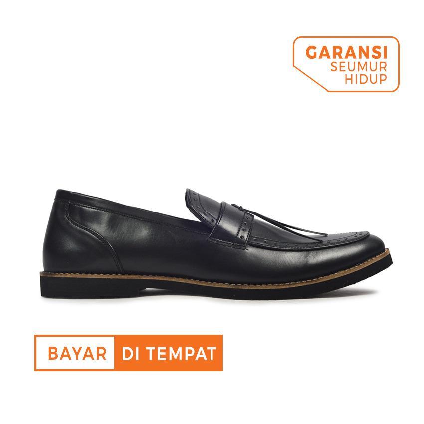 Sepatu Formal Kerja Vintage Loafer Slip On Kulit Pria Giant Flames Pietra Black