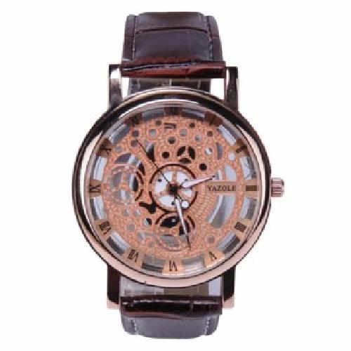 YAZOLE Jam Tangan Pria Vintage Leather Band Fashion Stainless Steel Sport Bussiness Quartz Wrist 321 - Gold Brown