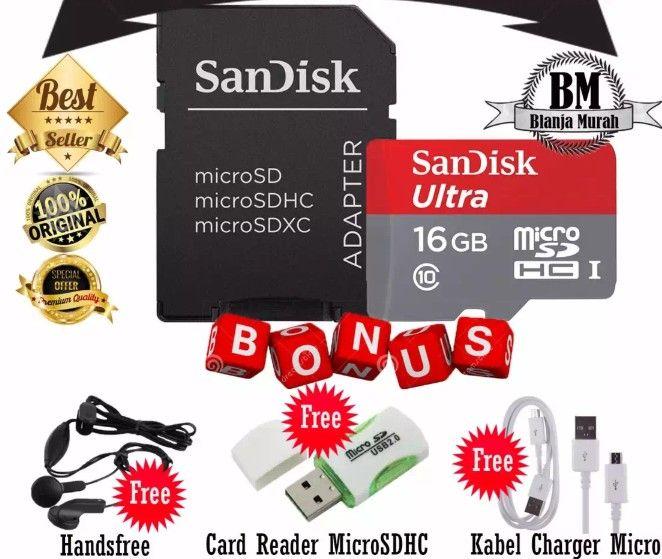 Berhadiah Sandisk Memorycard MicroSDHC 16GB 80Mb/s + SD Adapter - Gratis Erphone Angel + Cardreader MicroSDHC & Kabel Charger Casan Micro Usb