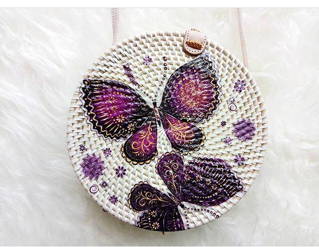 Tas Ratan ate Bali/Tas Ratan ate Warna/Motif Bunga/Tas Rajut - Bulat