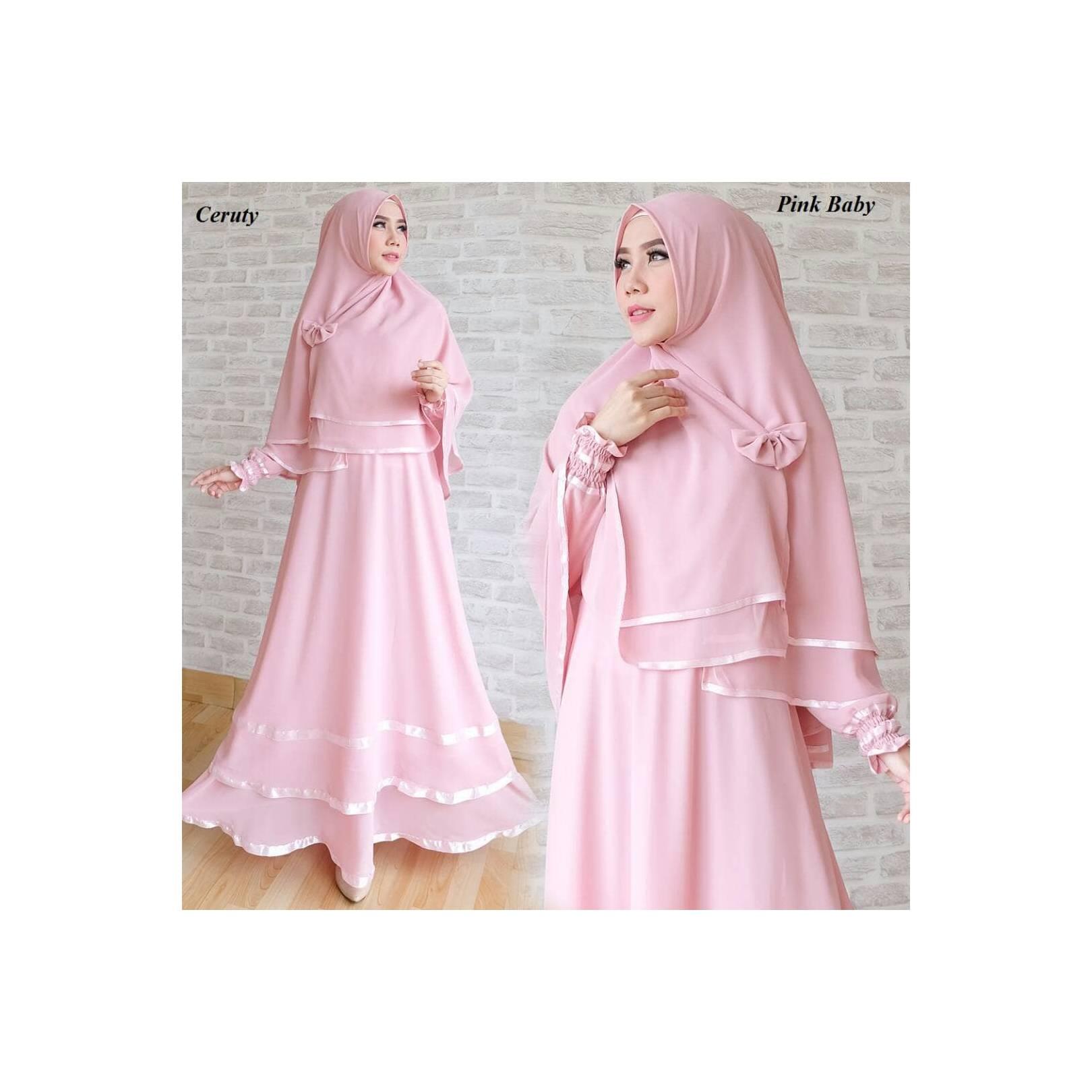 PINK Gamis Set Ceruti List Pita Syari Limited Baju Busana Muslimah