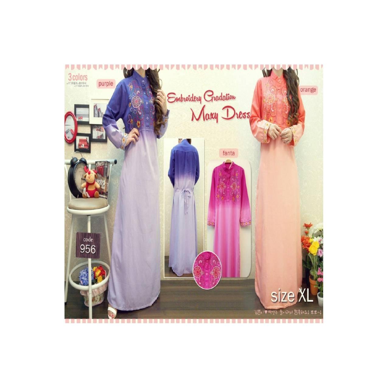 Baju Gamis Maxi Dress Rok Panjang Bordiran Soft Jeans Ungu Pink Oren