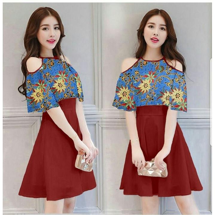 Dress Pendek / Mini Dress Flower Batik Maroon Shoulder Babol Marion