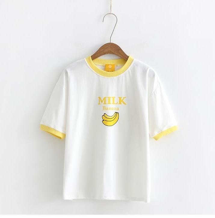 Grand LMS Kaos T-Shirt Milk Banana Bahan Spandex Fit to L / Kaos Wanita / Baju Wanita / Atasan Wanita / Kaos Rajut / Baju Yukensi / Baju Formal / Baju Kerja / Baju Santai