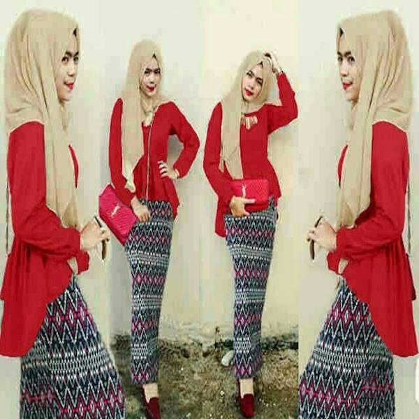 Hijab Peplum Tribal Red Set 3In1