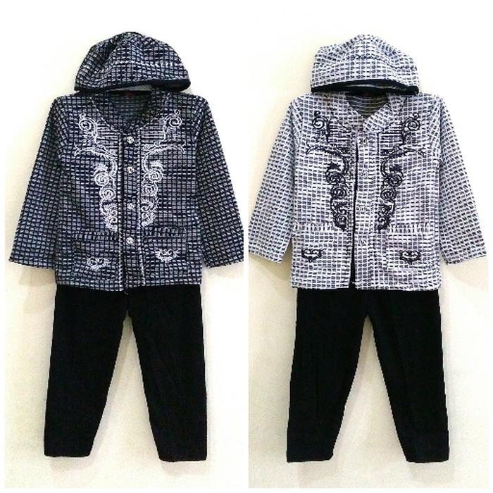 Baju Setelan Koko Anak Bayi Cowok Muslim Abu Hitam + peci ( 1 - 3 th )