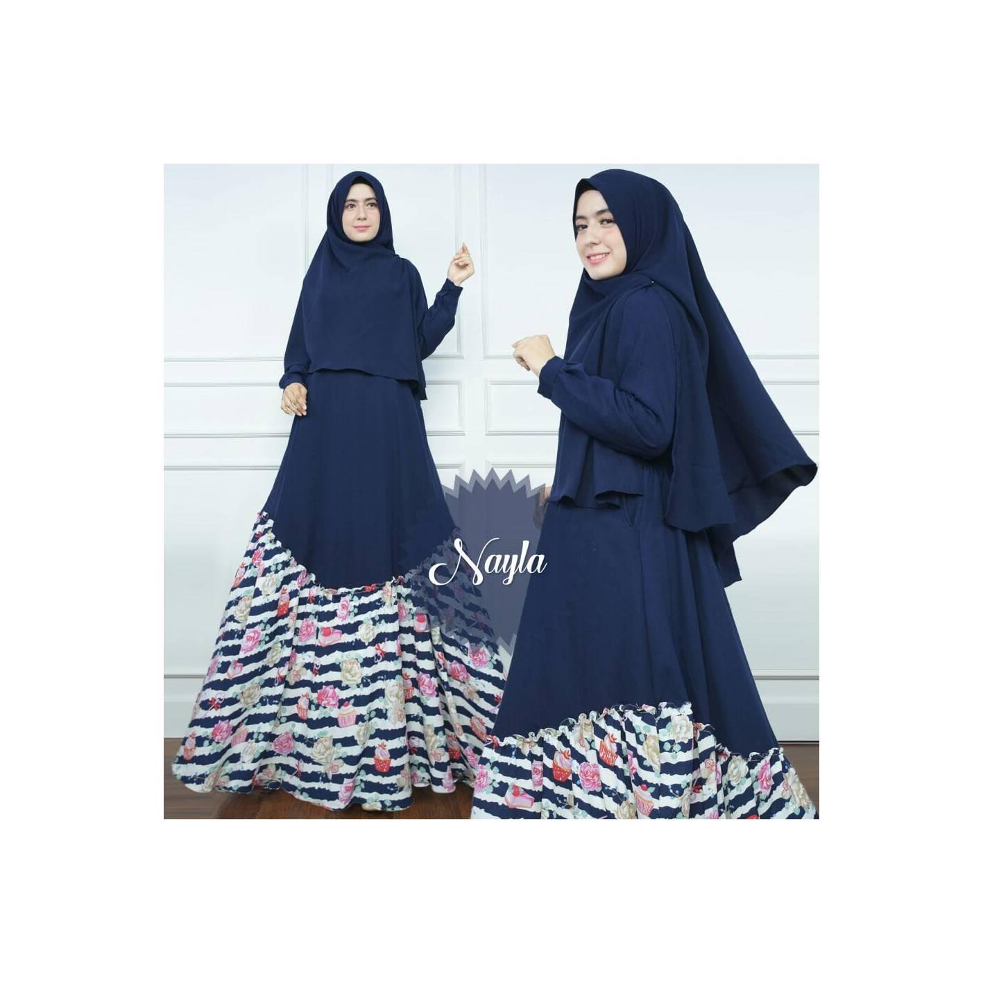 BIRU NAVY Gamis Set Nayla Bunga Rubiah Syari Baju Busana Muslimah
