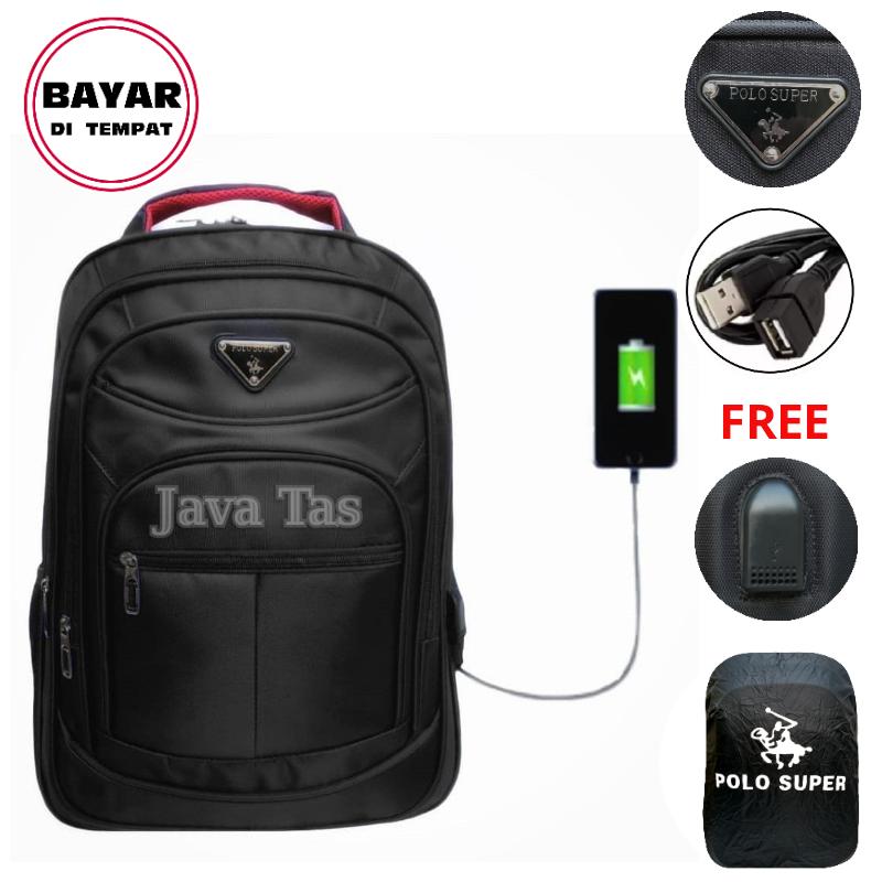 Java Tas Ransel Laptop Polo Super Tas Ransel Pria Tas Ransel Wanita Tas Laptop Tas Laptop Murah Tas Punggung Tas Kerja Tas Kuliah Tas Ransel Laptop Import Black + Waterproof Raincover