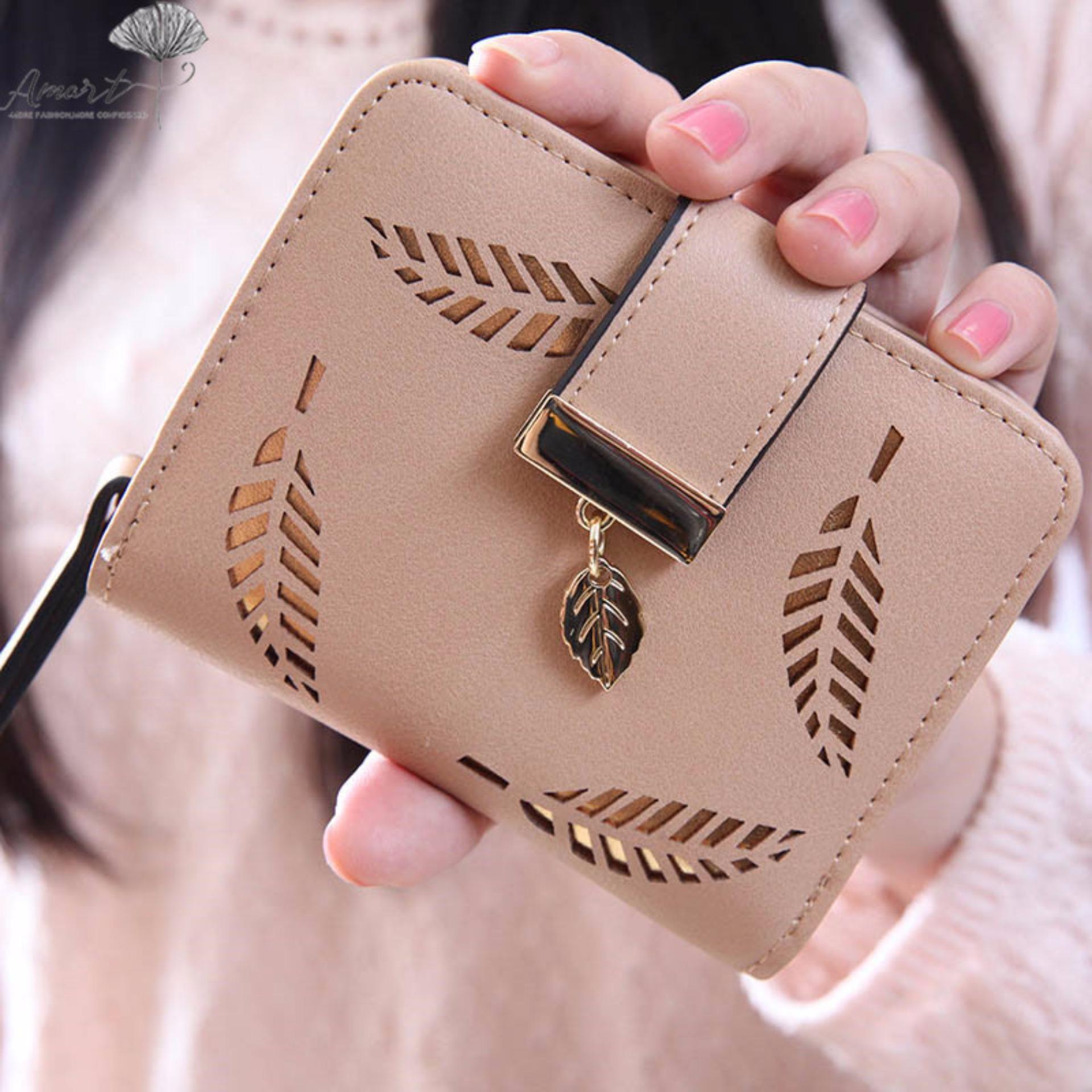 Amart Fashion Wanita Pendek Dompet Kecil Berlubang Daun Emas Dompet Aprikot-Intl