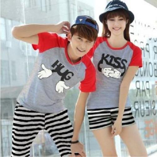 PROMO BAJU - SUPPLIER GROSIR 12291 BAJU COUPLE PASANGAN PRIA WANITA DEWASA LENGAN PENDEK WARNA ABU COMBI MERAH MURAH GROSIR KEKINIAN BAHAN SPANDEK