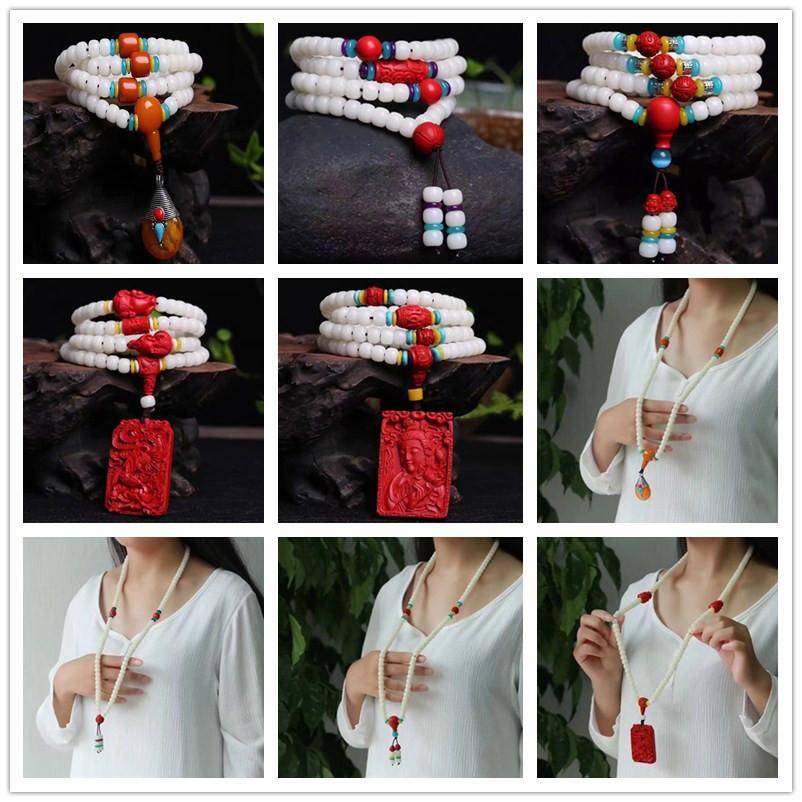 Impor Terbaik Alami Batang Whetted 108 Manik-manik Doa Buddha Kawat Tangan Putih Jade Bodhi Anak Akar Pria dan Wanita Gaya kalung Gelang Hadiah Kekasih Bungkus Surat