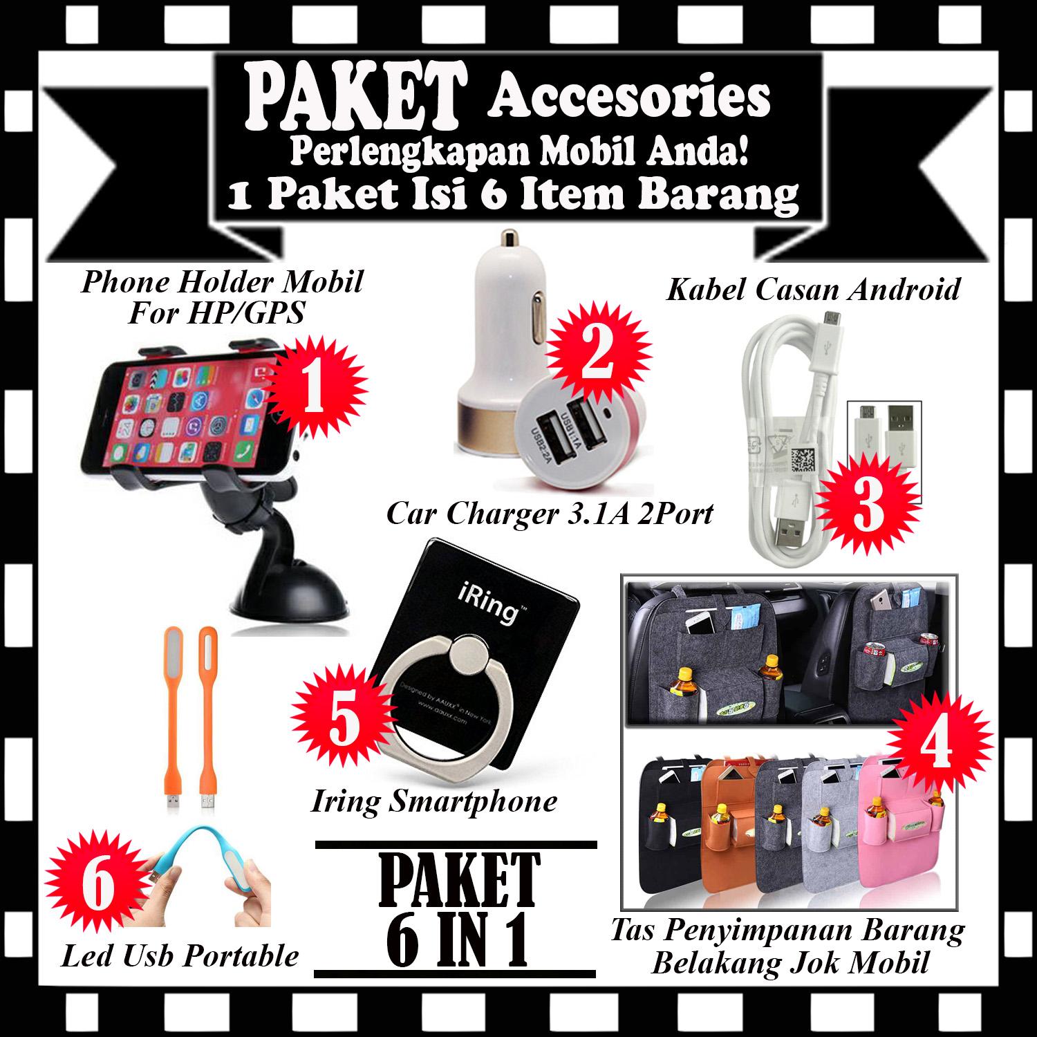 Paket Accesories Perlengkapan Mobil Anda !! Holder Kaca Mobil + Car Charger Casan Mobil ( Kabel Micro ) + Tas Penyimpanan Barang Belakang Jok Mobil + Iring Stand HP & Led Usb Portable