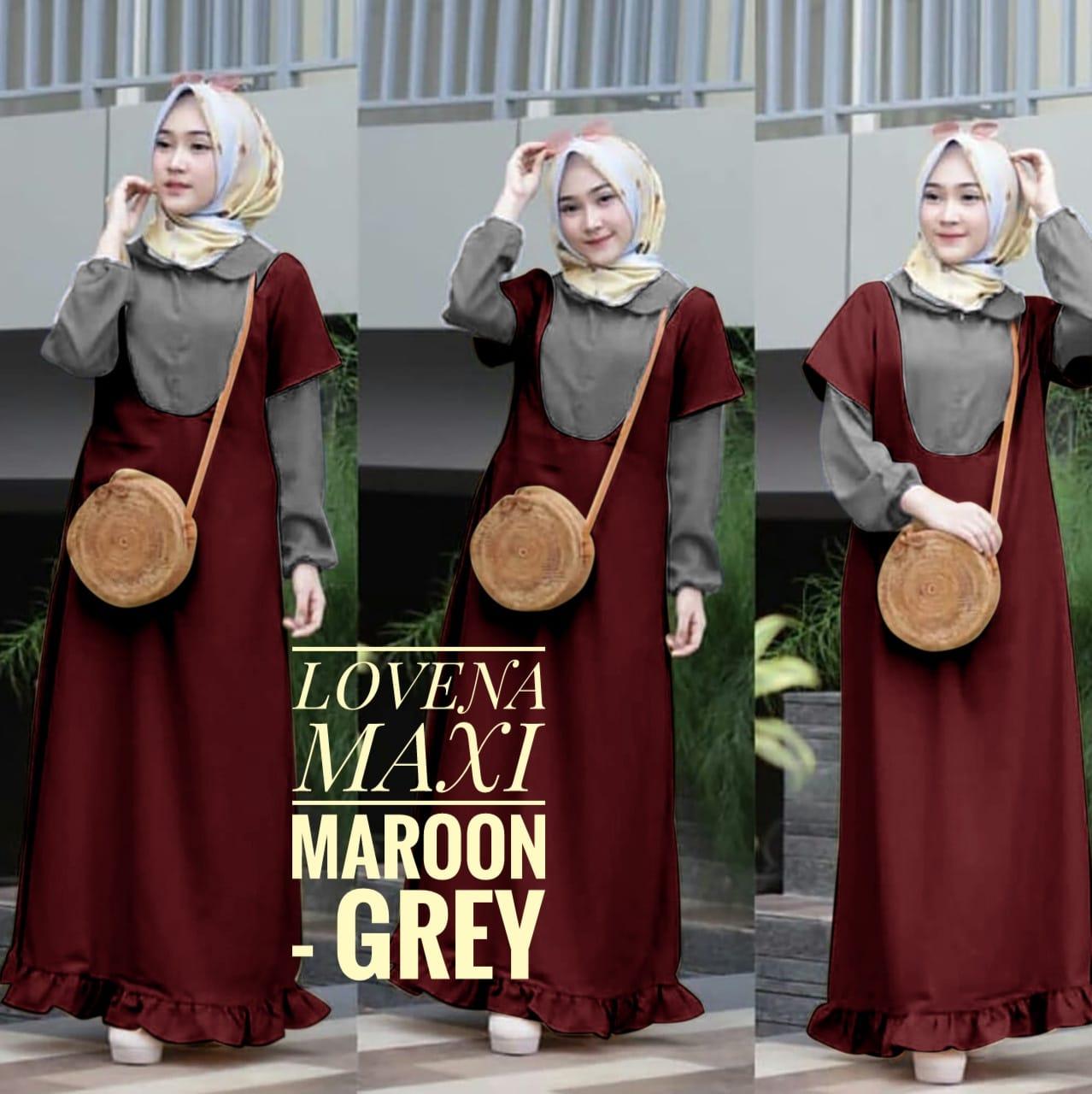 MAXI BALOTELI KOMBINASI MURAH / GAMIS MUSLIM BEST SELLER LOVENA WARNA MAROON - GREY ( TANPA PASMINA)