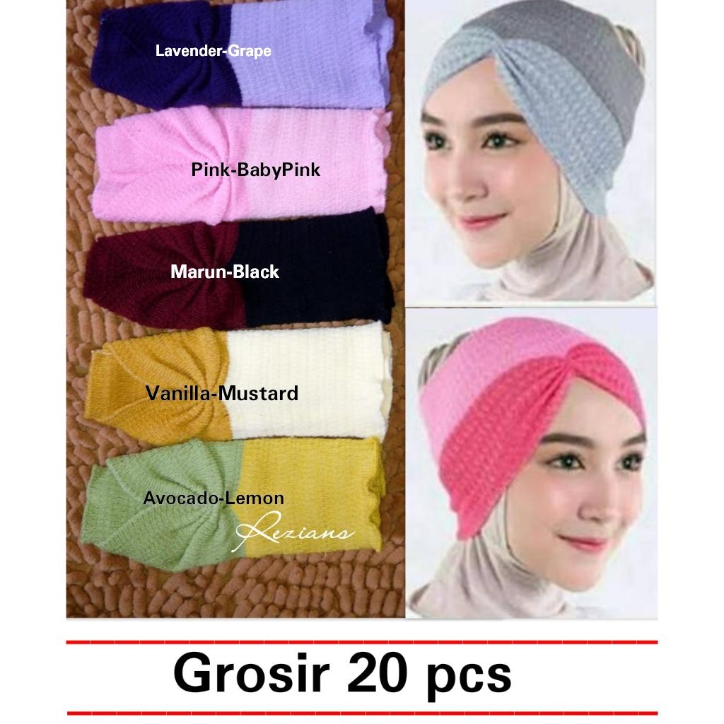 20pcs Bandana Ciput Rajut Risty Kerut Dua Warna