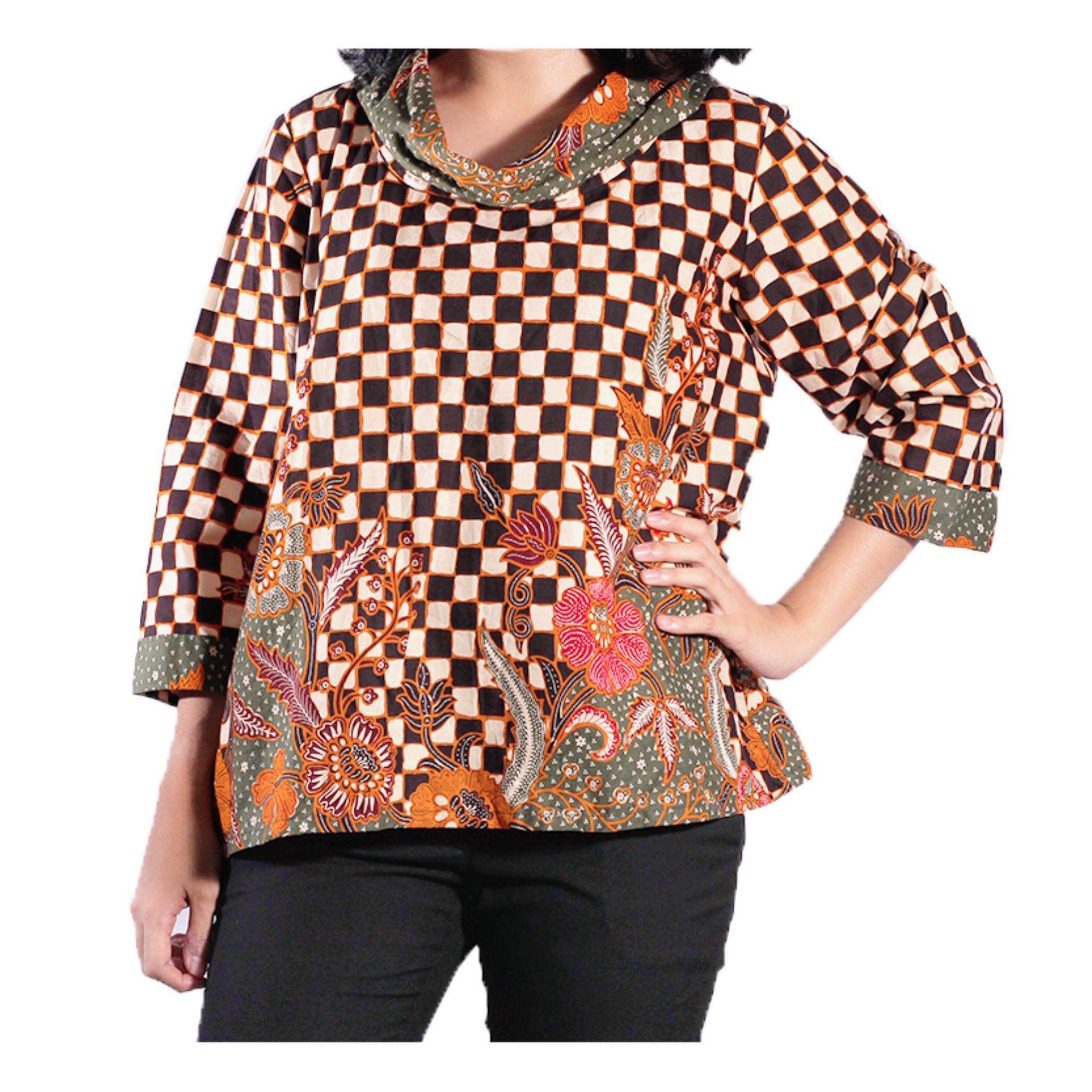 Mall BTM Fashion - Dina Collection Atasan Batik Jogja Murah Kerah Lebar - Coklat