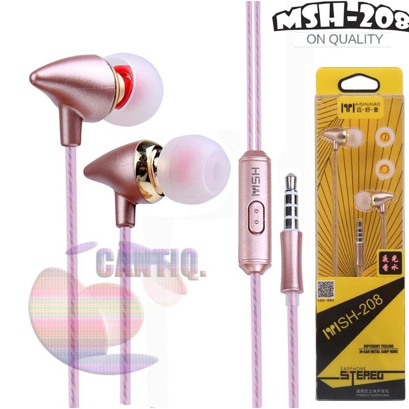 MSH Headset Stereo Bass MSH 208 Headset Samsung Headset Oppo Headset Vivo Headset Xiaomi Handsfree Universal untuk semua jenis merk Handphone dan Komputer - Rose Gold / Pink