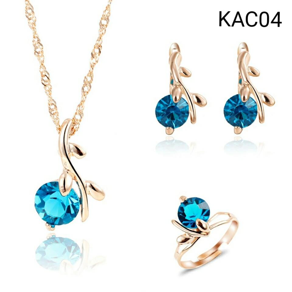 Diskon Promo Perhiasan Aksesoris Set Perhiasan Kalung Anting Cincin Rose Gold Batu Biru KAC03 Murah