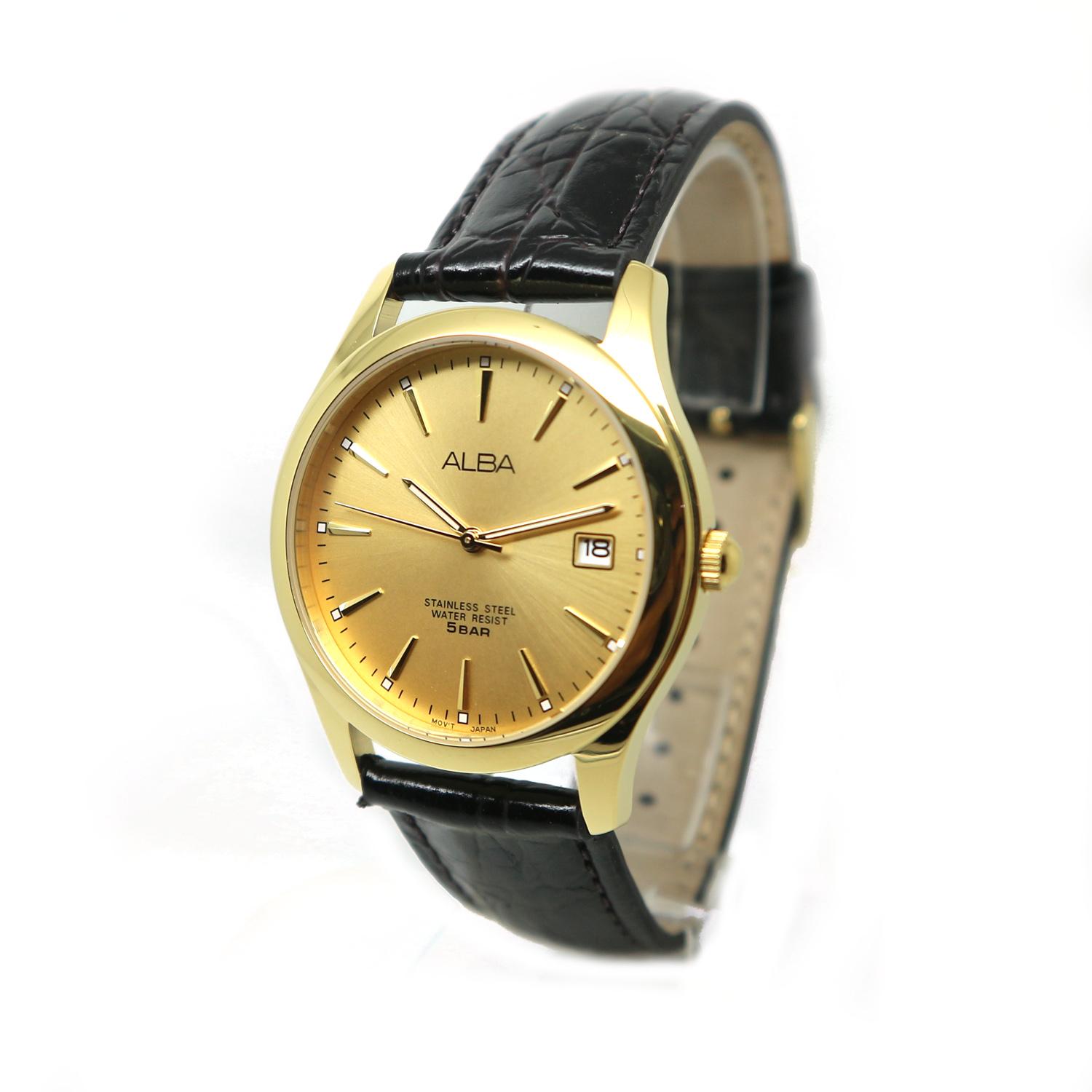 Alba - Jam Tangan Pria - Gold-Gold - Strap Hitam - AXHL64X1