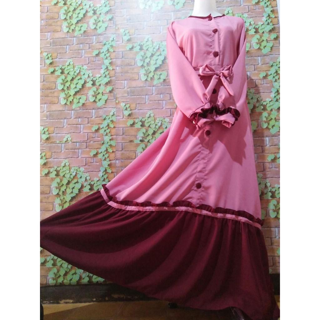 Gamis wolfis toyobo Ruffle rempel 2 warna maroon dusty Pink serut kancing syari baju muslim busana (Coksu dusty)