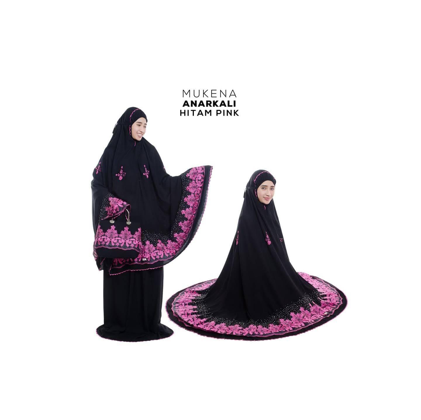 Mukena Dewasa. Bahan Rayon Super. Warna Hitam Pink. Tas Behel. Murah