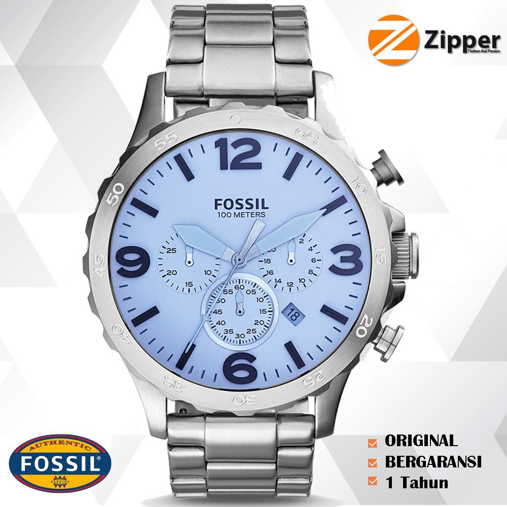 Jam Tangan Pria Tali Kulit Fossil JR1504 JR1495 JR1505 JR1510 JR1436 JR1508 JR1512 Jam Tangan Pria Tali Logam Anti Karat JR1509 JR1523 Nate Chronograph Brown Leather Strap Watch - Blue