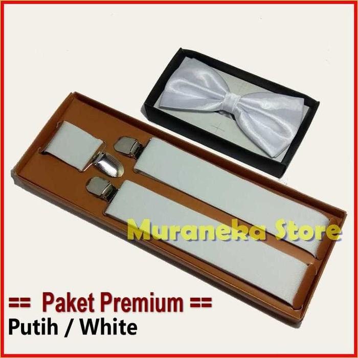 Paket Premium Putih WHITE Dasi Kupu Bretel Suspender Baju Dewasa Polos Bowtie Tali Jojon Murah Mewah Pria Wanita Pesta Aksesoris Wisuda Pengantin Wedding Bridesmaid Promnight Prom MC Necktie Tuxedo Groomsman Nikah Brides Prewed
