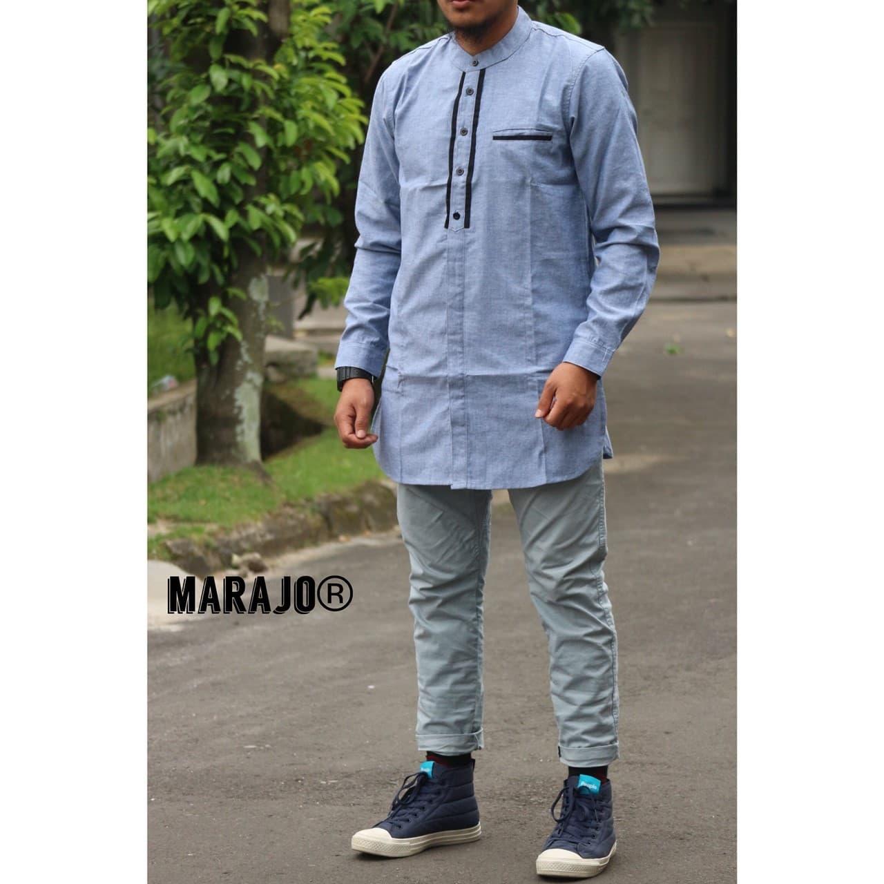 KEMEJA KOKO GAUL QURTA ORIGINAL MARAJO BIRU MUDA LIST HITAM