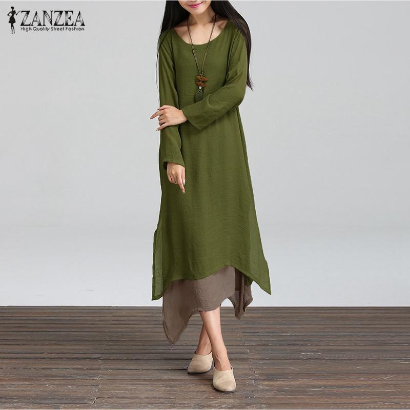 ZANZEA BoHo Hippie Kasual Wanita Lengan Baju Panjang Sprei Katun Gaun Maksi Amy Hijau