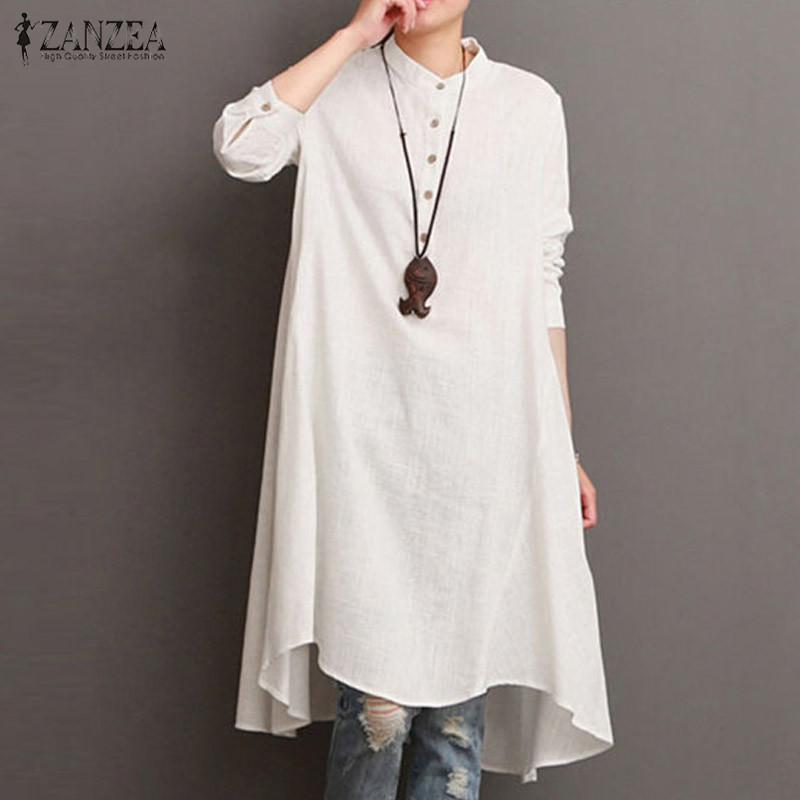 ZANZEA Fashion Katun Linen Kaftan Round Leher Lengan Panjang Mid-Calf Dress Tombol Hem Asimetris Solid Longgar Retro Vestido Putih Pucat-Internasional