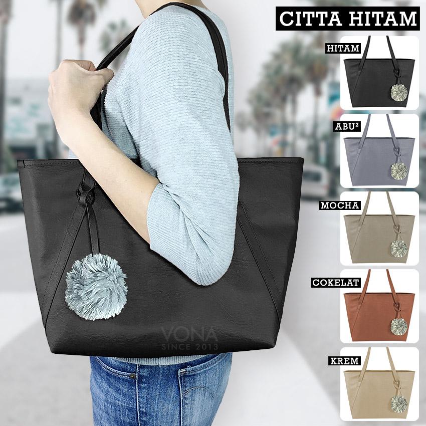 VONA Citta - Tas Tote Bahu Wanita Pompom Bulu Shoulder Bag Tangan Sekolah Kerja Belanja Ladies Shopping Handbag Gendong Remaja Cewek Tali Zipper Murah Korean Fashion Bali Kulit Sintetis PU Leather Best Seller New Arrival Terbaru Branded Original Asli