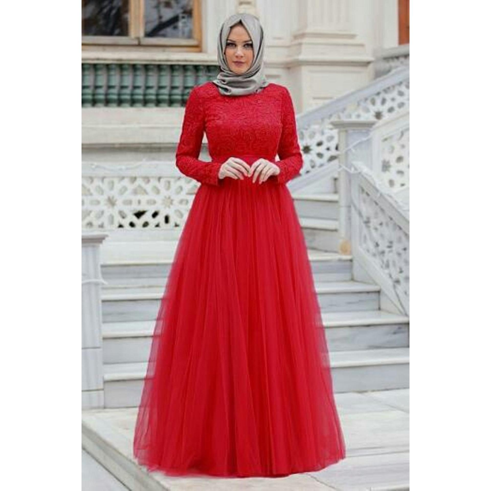 DIONISIA Maxi Dress Muslim Wanita Gamis Pesta Brukat Tile Lengan Panjang Almaer