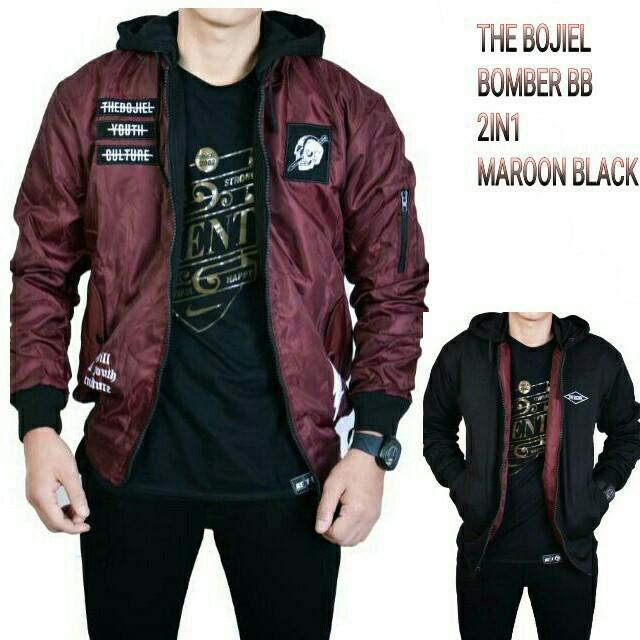GA JAKET BOMBER HOODIE 2IN1 BOLAK BALIK ORIGINAL BOJIEL MAROON BLACK KEREN JL012603